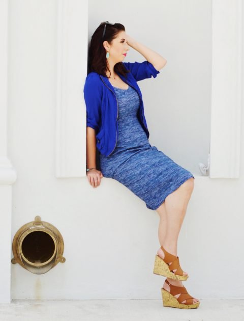 Blue Summer Dress Outfit Idea, paired with light jacket, wedges and statement earrings // Hey There, Chelsie
