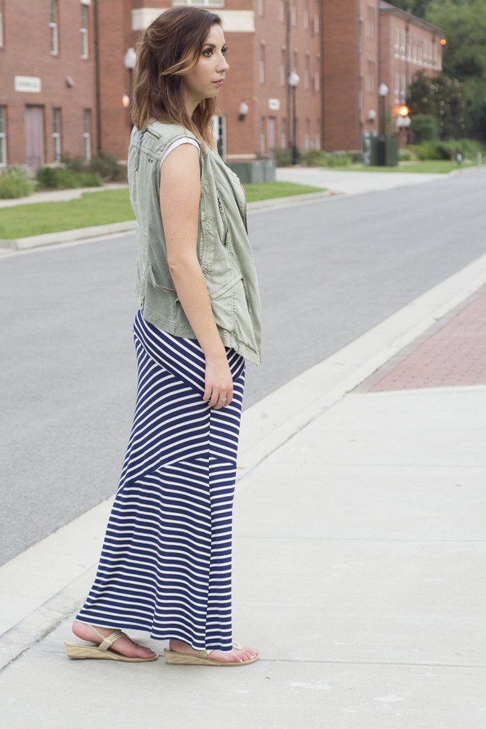 Summer to Fall maxi dress! Add a vest to a summery maxi to help transition from summer to fall! Look for stripes that shape your body and layer with a necklace! // Hey There, Chelsie - Photo By Whitney Major's Photography 
