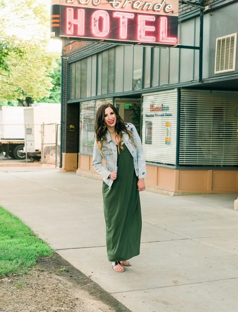 Green Maxi Dress and Denim Jacket Outfit Idea // Hey There, Chelsie