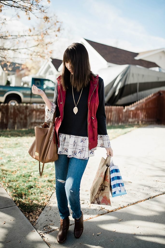 Black Friday Shopping Outfit Idea, featuring a top and vest from My Sister's Closet Boutique, a modest shop based in Utah! // Hey There, Chelsie