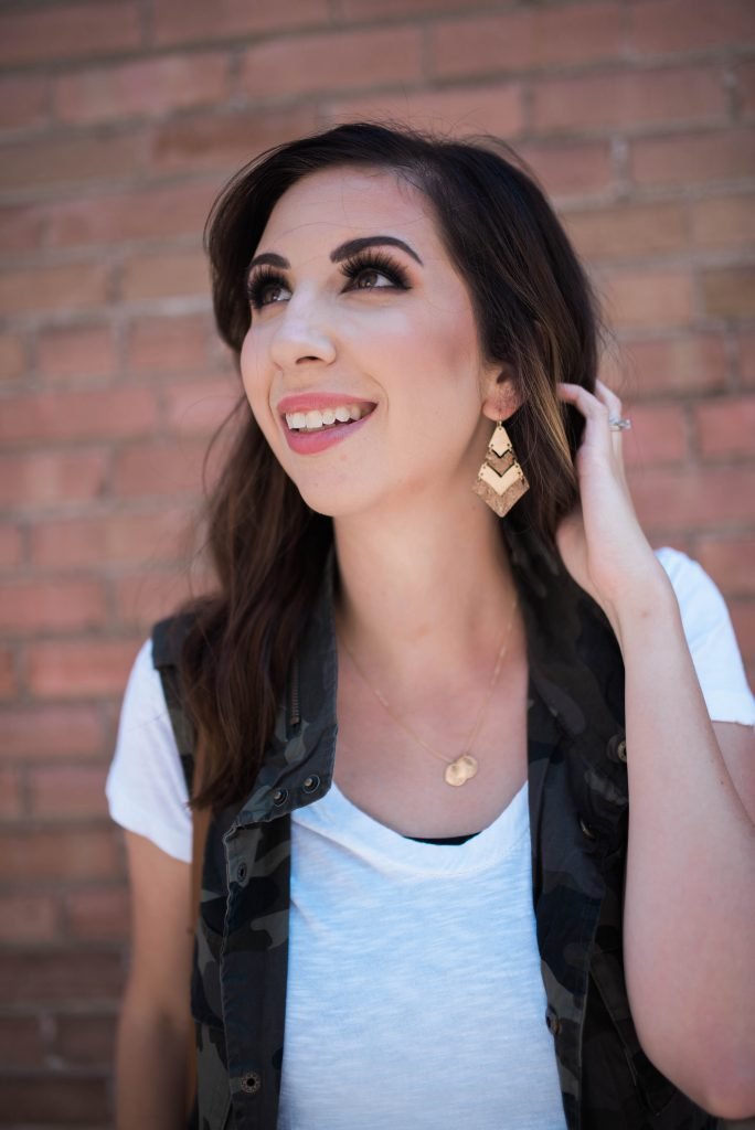 Summer to Fall Transitional Outfit idea. Early Fall outfit idea, how to wear a camo vest // Hey There, Chelsie